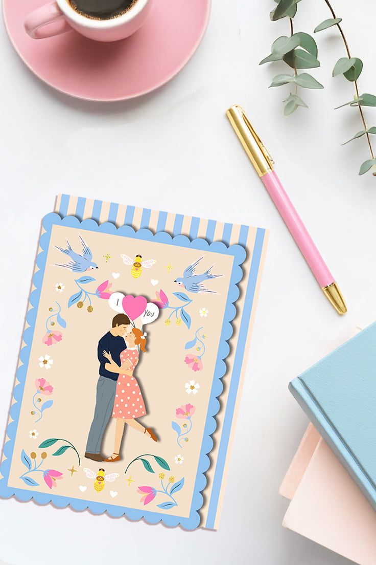 I Love You, Kissing Couple, Handmade Greeting Card