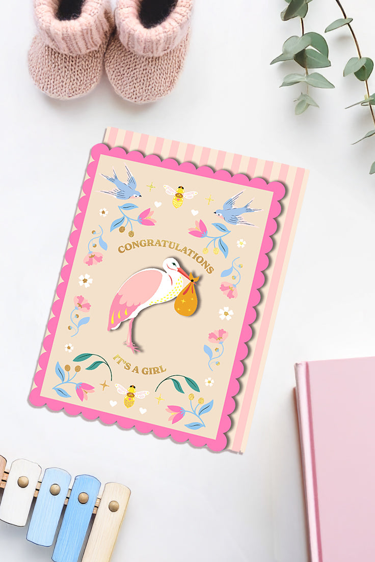Congratulations, It’s A Girl Stork, Handmade Greeting Card