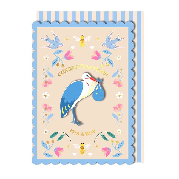 Congratulations, It's A Boy Stork, Handmade Greeting Card