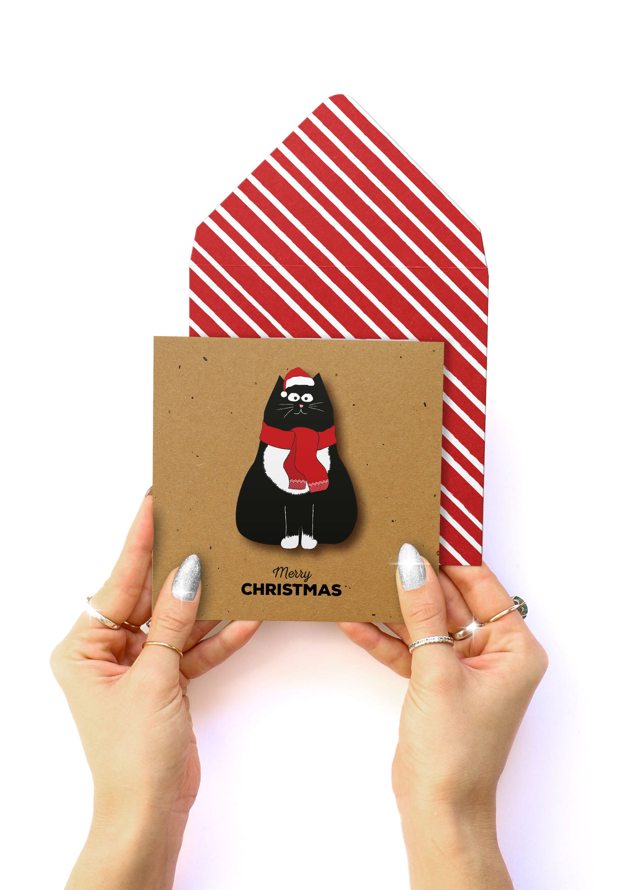 Merry Christmas Scarf Cat, Handmade Greeting Card