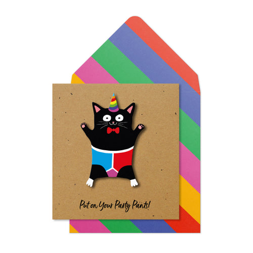 Put on Your Party Pants Black Cat, Handmade Greeting Card