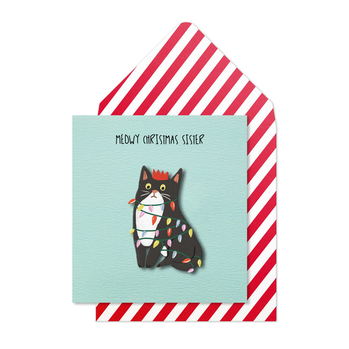 Merry Christmas Sister, Cat in Lights | Handmade Greeting Card