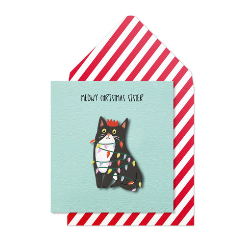 Christmas Sister, Cat in Lights Greeting Card | Premium UK Handmade Card