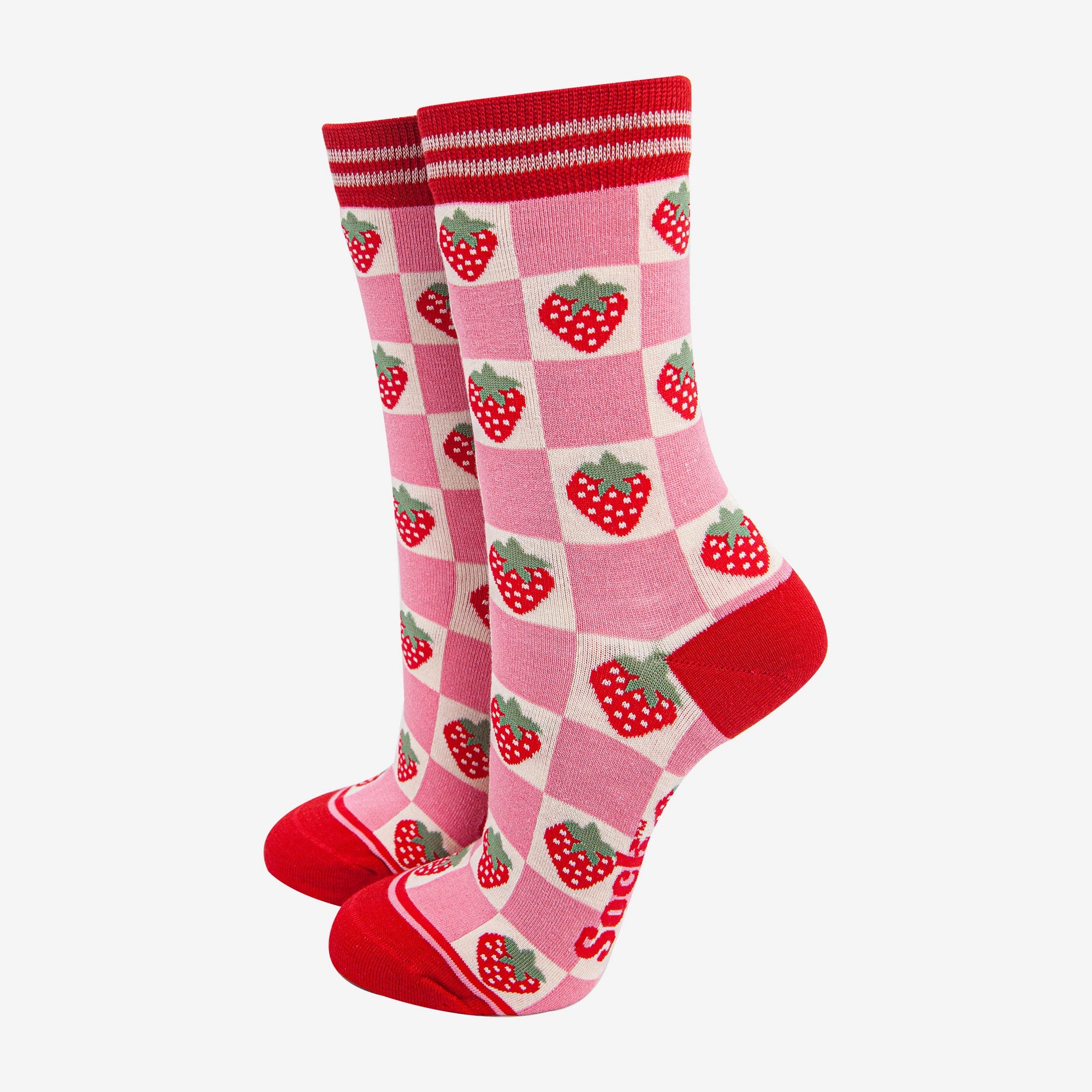 Women's Bamboo Socks, Pink & Red Checked Strawberry