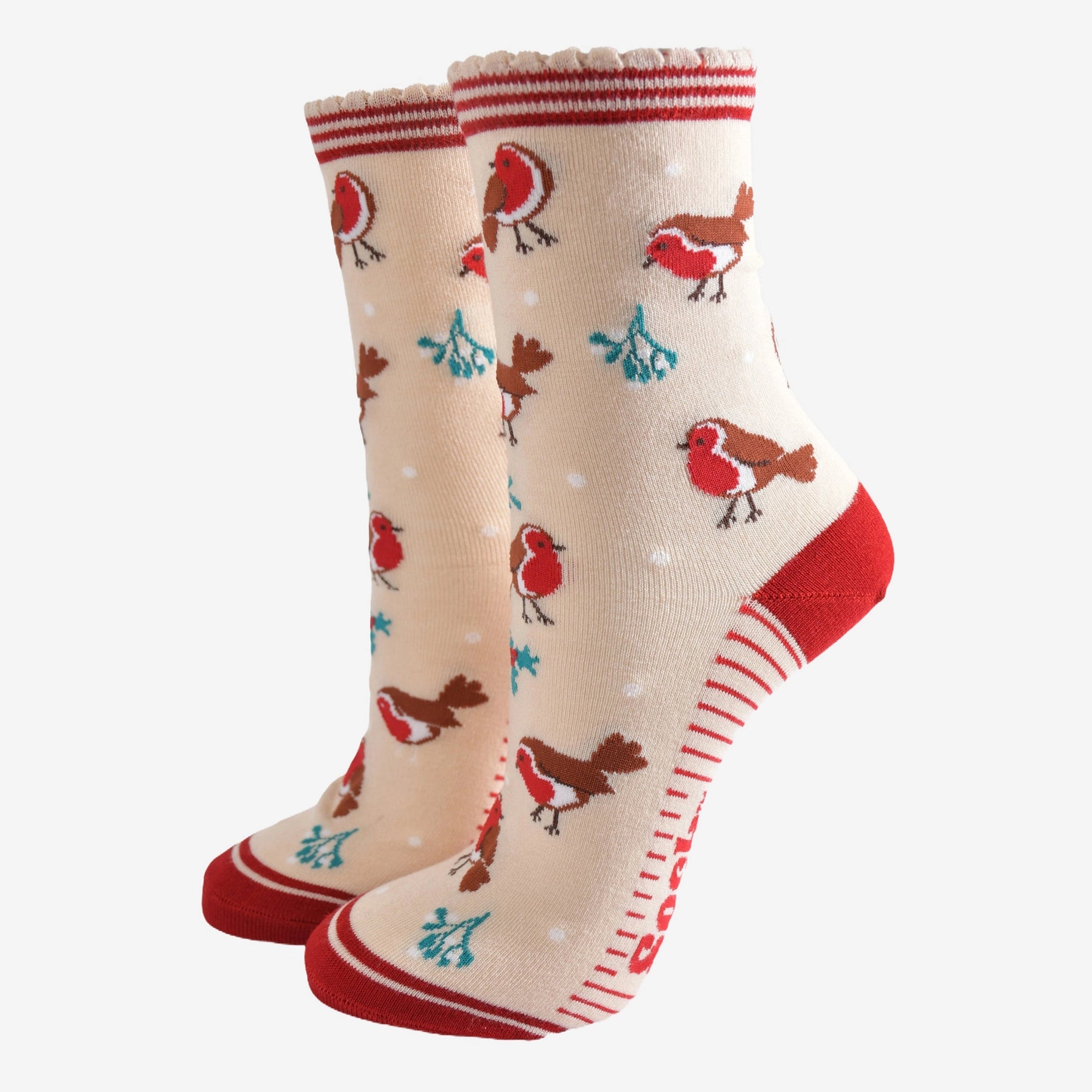 Women's Bamboo Socks - Cream & Red, Christmas Robin