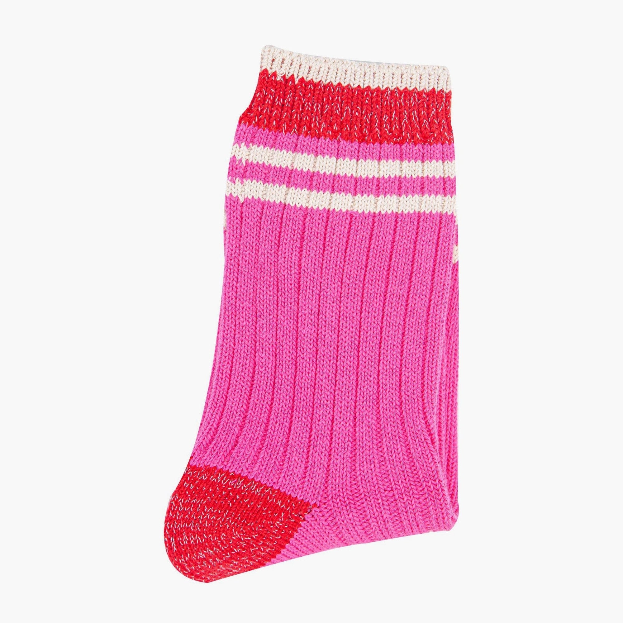 Women's Mid-Calf Pink & Red, Varsity Striped Cuff Socks