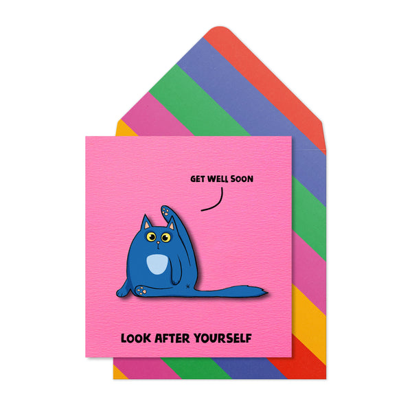 Get Well Soon, Look After Yourself Cat, Handmade Greeting Card