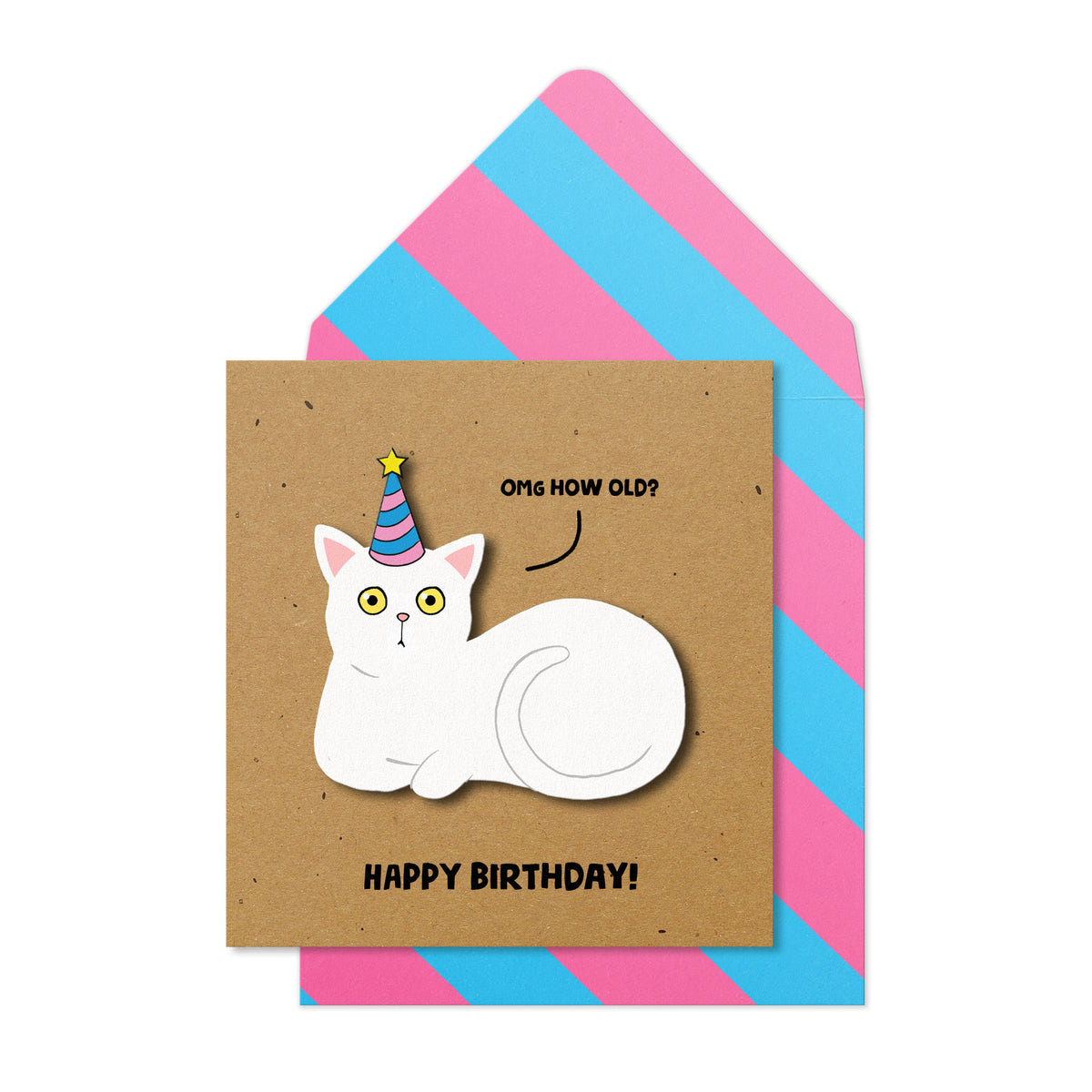Happy Birthday White Cat, Handmade Greeting Card