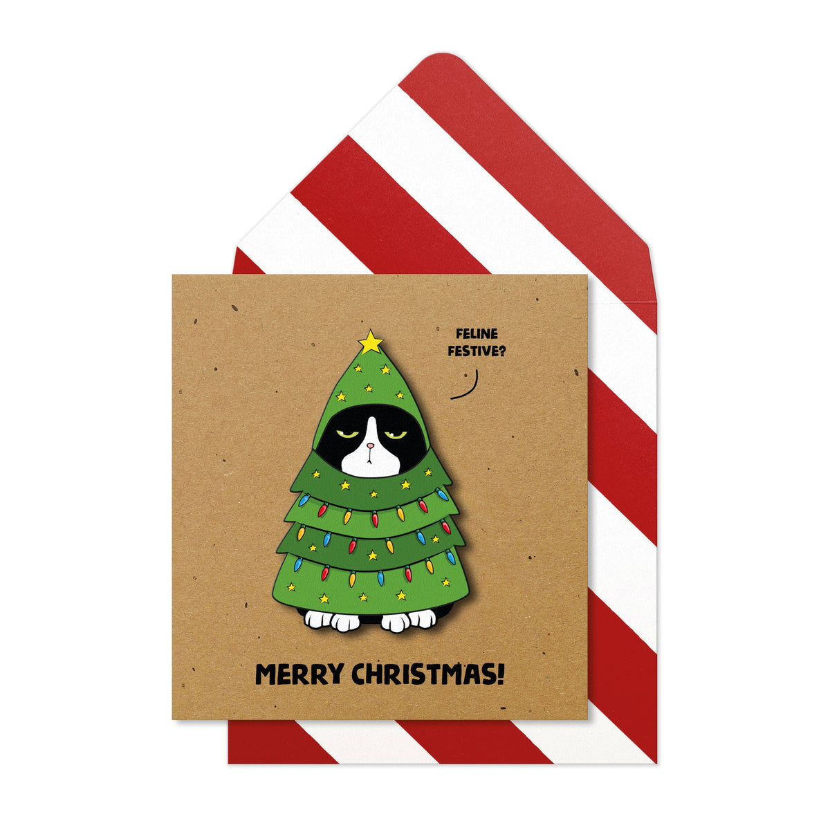 Funny Festive Christmas Tree Cat | Handmade Greeting Card