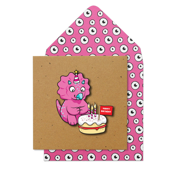 Happy Birthday' Pink Dinosaur | Handmade Greeting Card